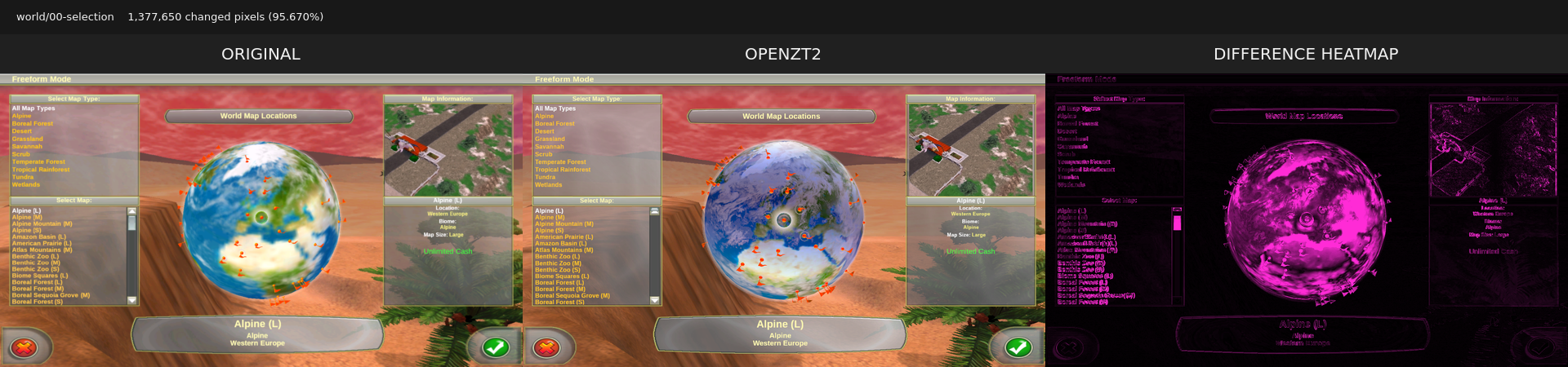 Original and OpenZT2 world-selection globes beside a pixel-difference heatmap.